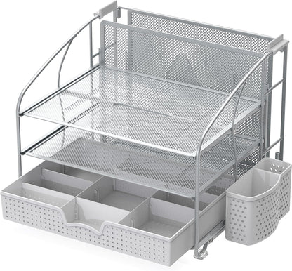 Simple Houseware 3-Tier Desk Organizer Silver with Sliding Drawer, Hanging File Holder, Pen Holder Accessory