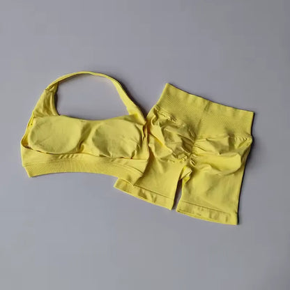 Sexy Halter Neck Beautiful Back High Waist Peach Pilates Gathering Yoga Vest Training Fitness Bra Sets