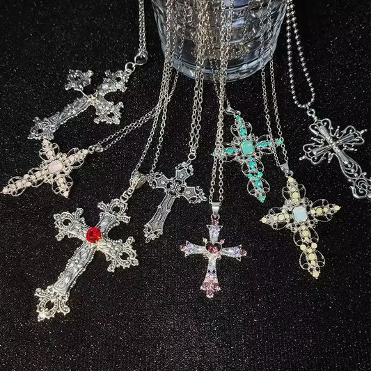 Gothic Big Zircon Cross Necklace Unisex Y2K Irregular Goth Large Cross Pendant Necklaces for Men Women Couple Necklace Jewelry
