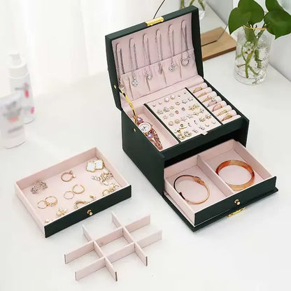 Jewelry Box, 3 Layers Leather Jewelry Storage Display Box for Women, Gift Case, Large Capacity for Necklace Earrings Bracelets Rings,Green
