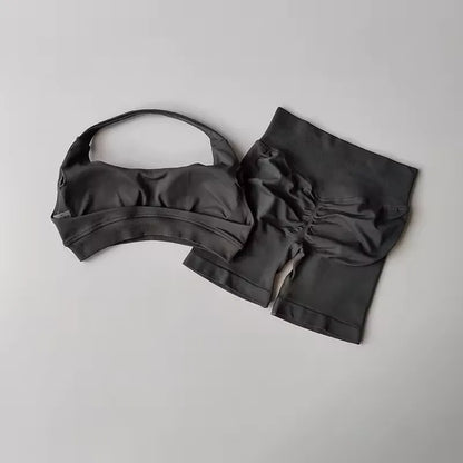 Sexy Halter Neck Beautiful Back High Waist Peach Pilates Gathering Yoga Vest Training Fitness Bra Sets