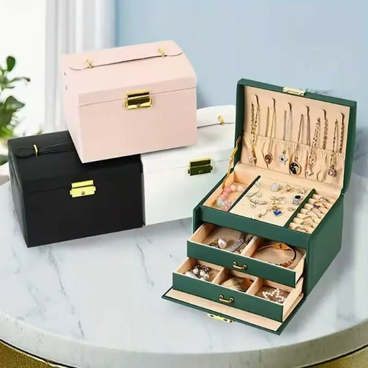 Jewelry Box, 3 Layers Leather Jewelry Storage Display Box for Women, Gift Case, Large Capacity for Necklace Earrings Bracelets Rings,Green