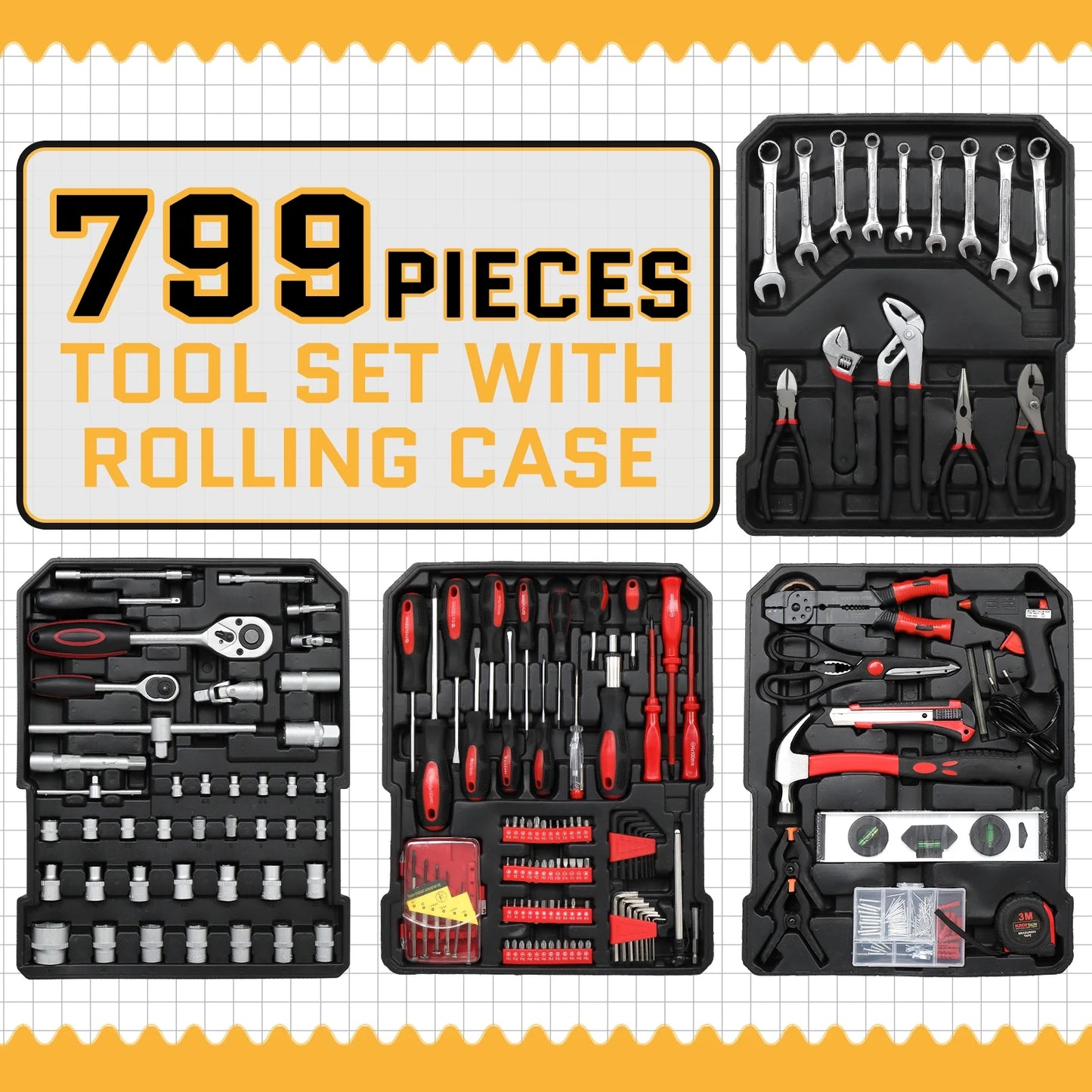 799pcs Aluminum Trolley Case Tool Set Silver - General Household Hand Tool Kit - Home Tool Kit/Mechanics Tools Kit